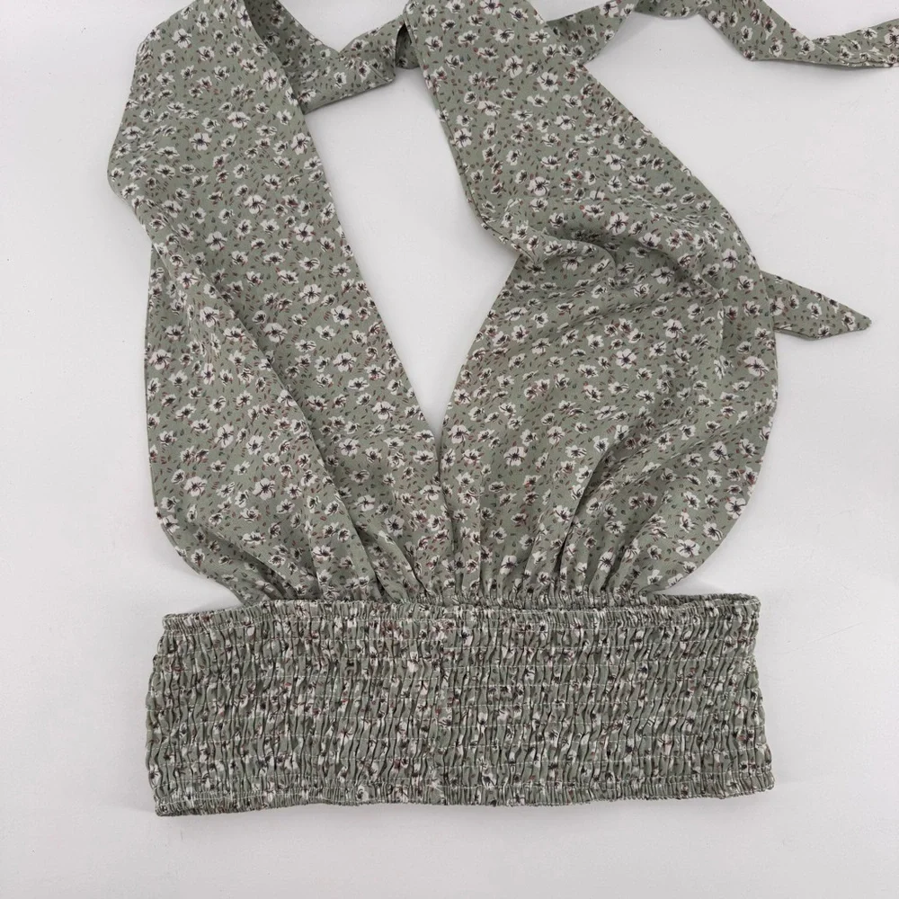 Romwe Tie Crop Top Green Flowers